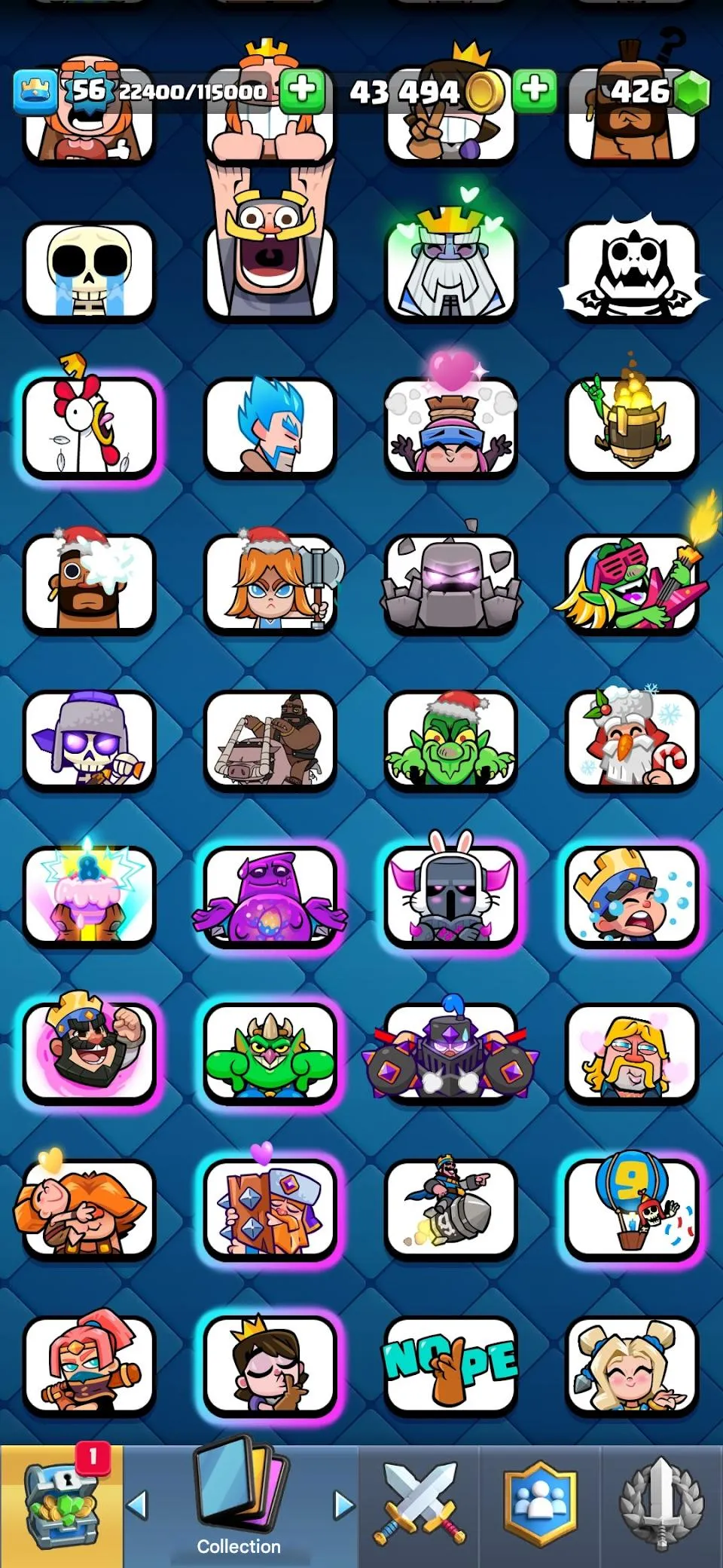 CR531 High Level 56 Arena 24 Account with 121 Cards, 29 Legendary, Many Evolutions, 69 Emotes, 65 Banner Decorations 